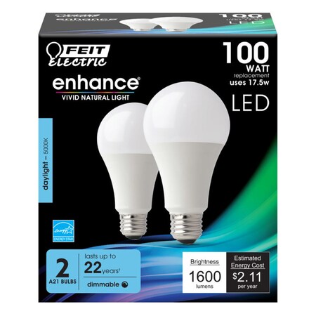 Feit Electric Feit Enhance A19 E26 (Medium) LED Bulb Daylight 100 Watt Equivalence 2 pk OM100DM/950CA/2